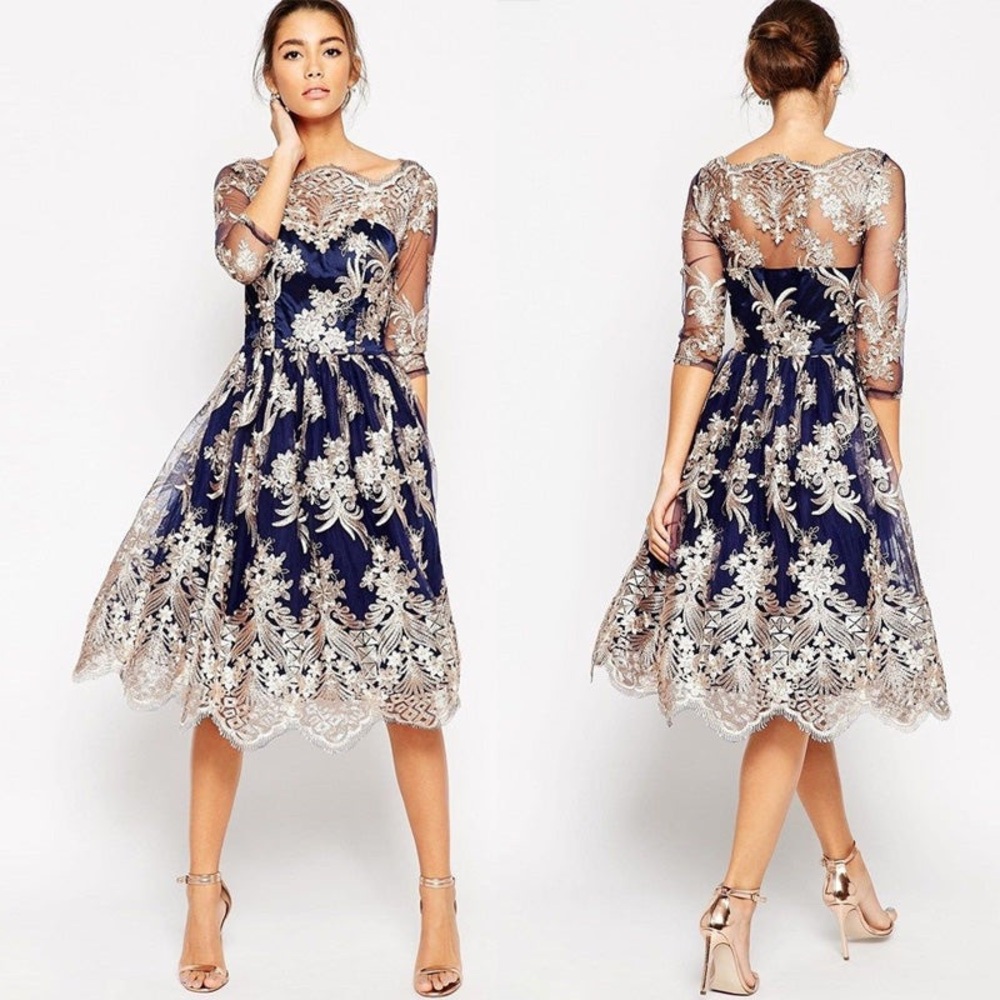 ChiChi London Metallic Formal Midi Dress Navy Gold Embroidered Lace US 8